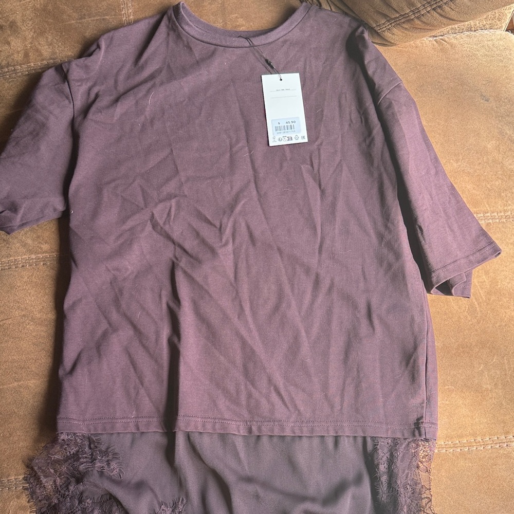 Zara Plum Crewneck Tee with Lace Hem